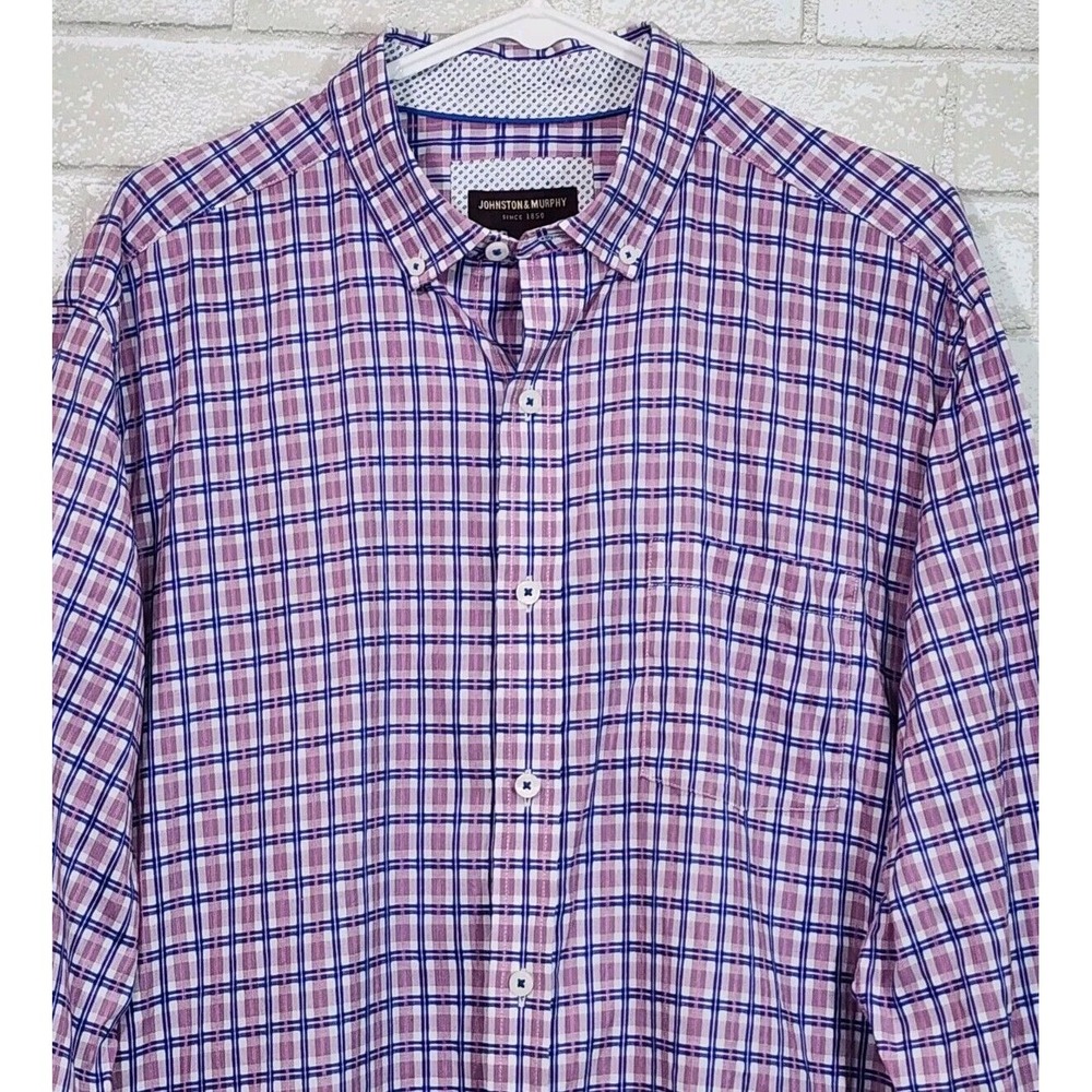 Johnston & Murphy Pink and Blue Plaid Casual Button Down Shirt